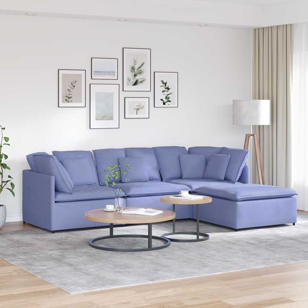 modulsofa med fodskammel og hynder stof jeansblå