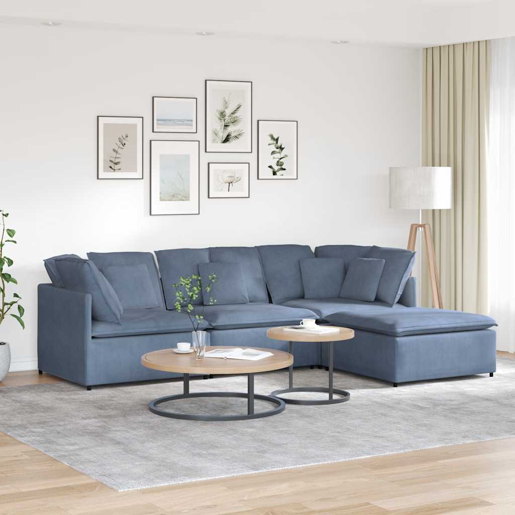 modulsofa med fodskammel og hynder føjlsstof blå