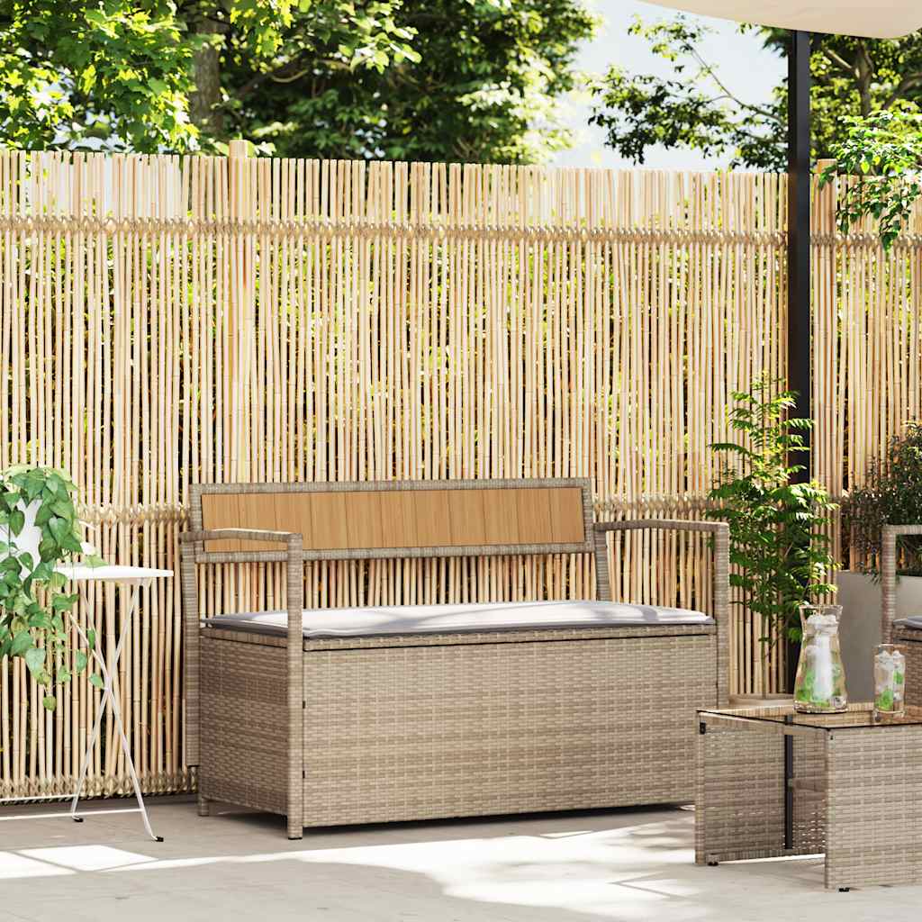 opbevaringsbænk til haven med hynde polyrattan beige