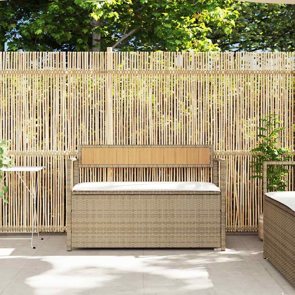 opbevaringsbænk til haven med hynde polyrattan beige