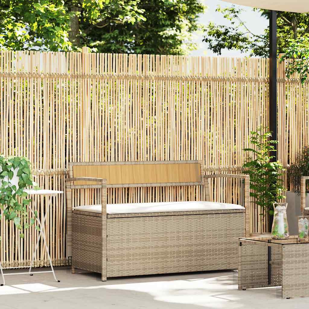 opbevaringsbænk til haven med hynde polyrattan beige