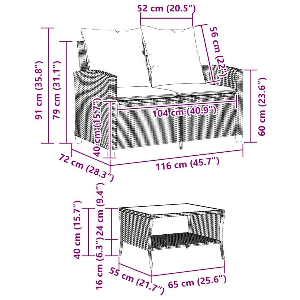 2-personers sofa med hynder og bord polyrattan grå
