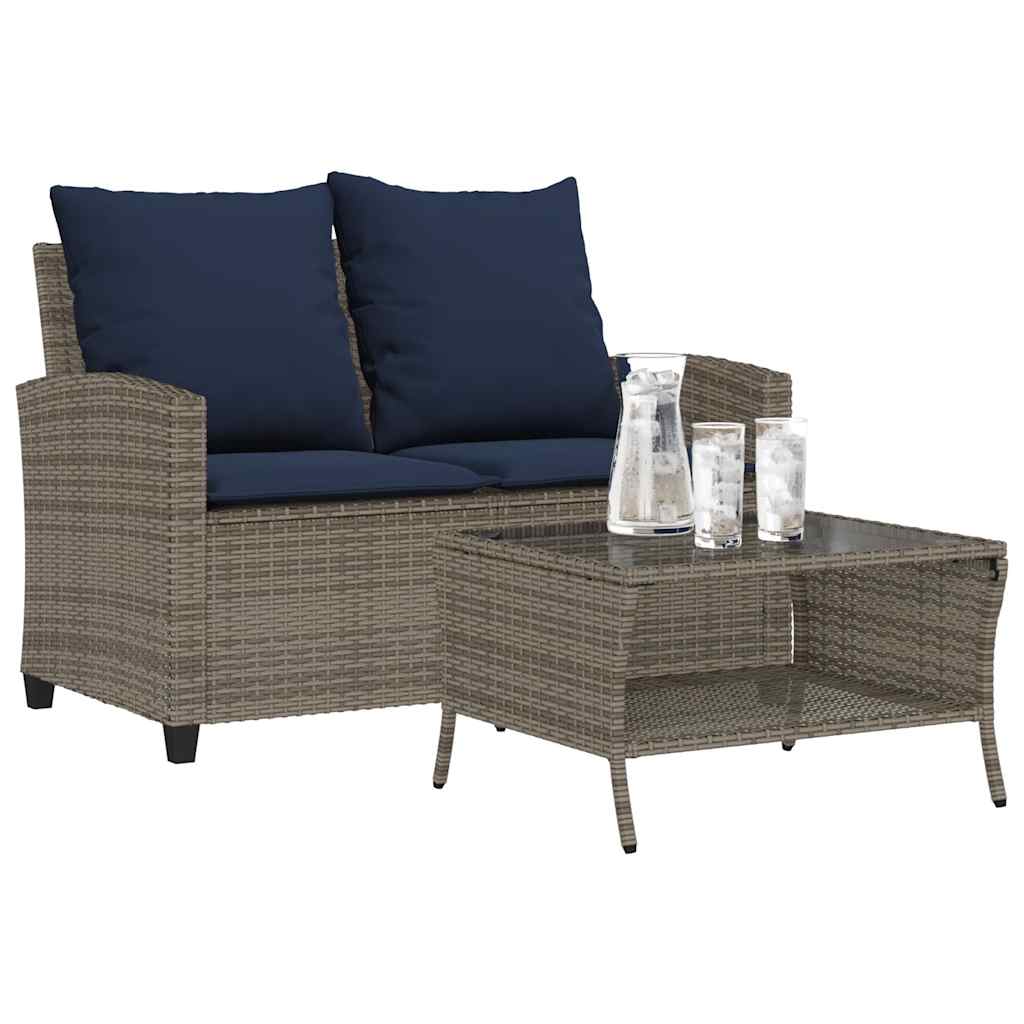 2-personers sofa med hynder og bord polyrattan grå