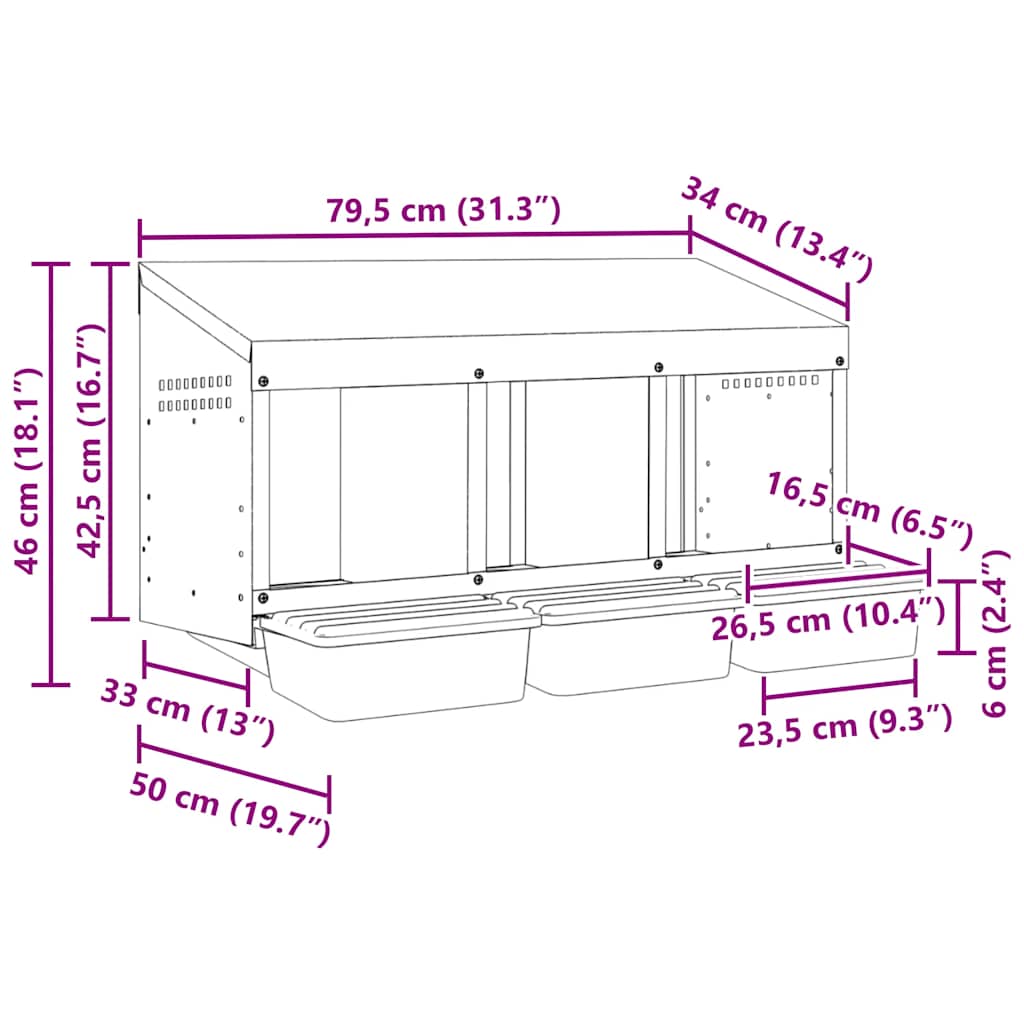 hønseredekasse med 3 rum vægmonteret galvaniseret stål