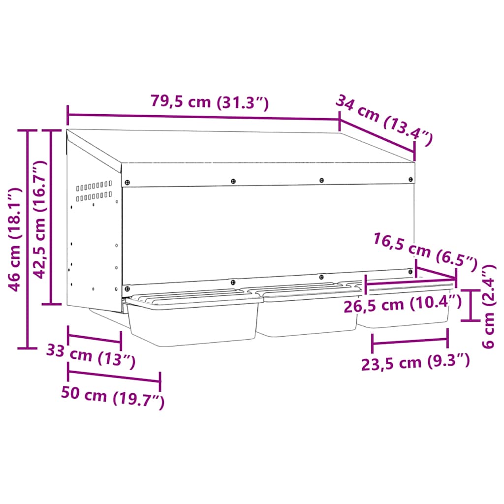 hønseredekasse med 3 rum vægmonteret galvaniseret stål