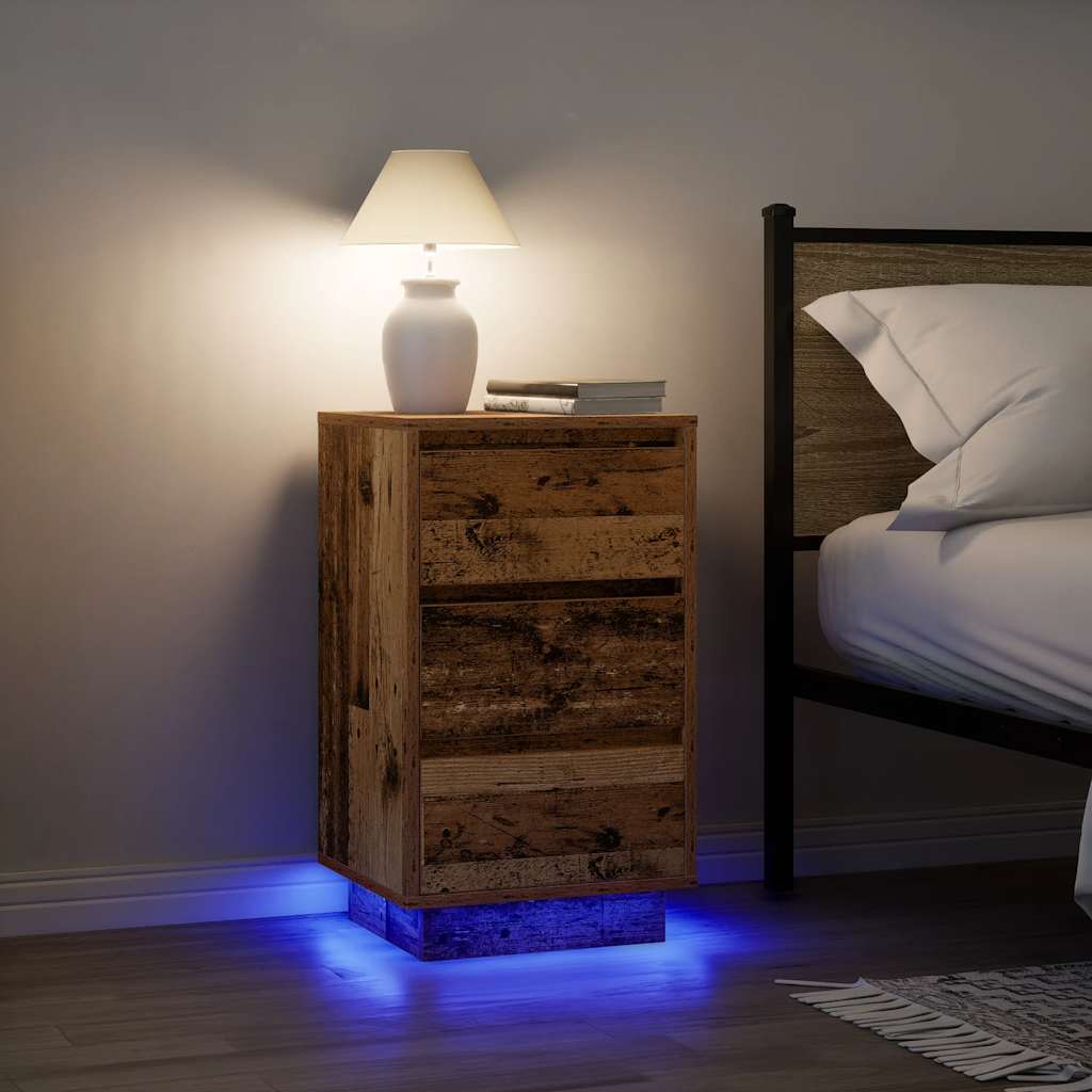 sengebord med LED-lys 38x34x65 cm antikt træ - Flotthjem