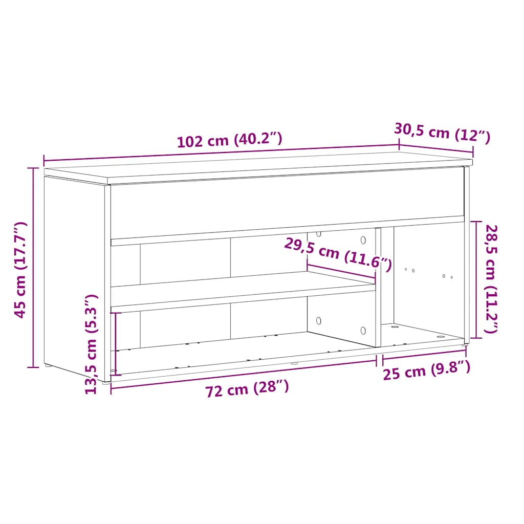 skobænk 102x30,5x45 cm konstrueret træ røget egetræsfarve
