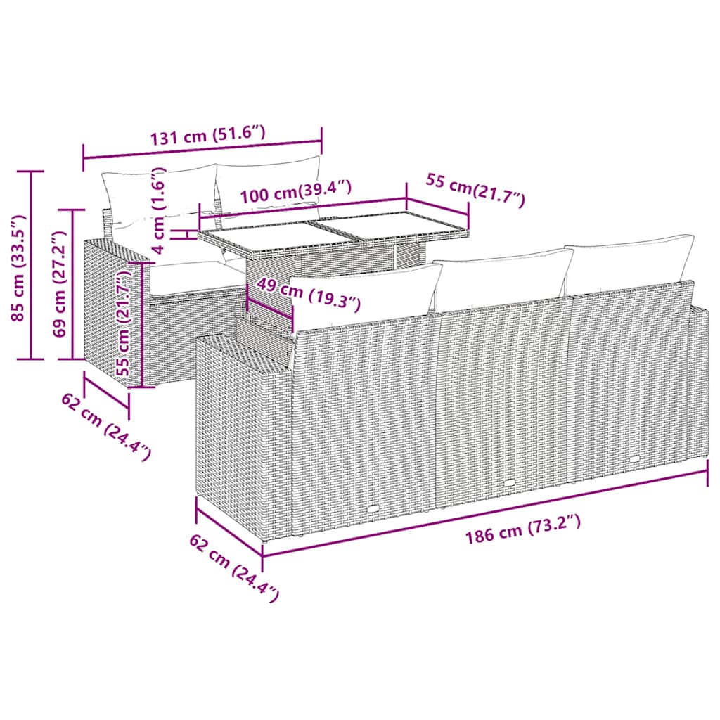 sofasæt til haven 7 dele med hynder polyrattan brun