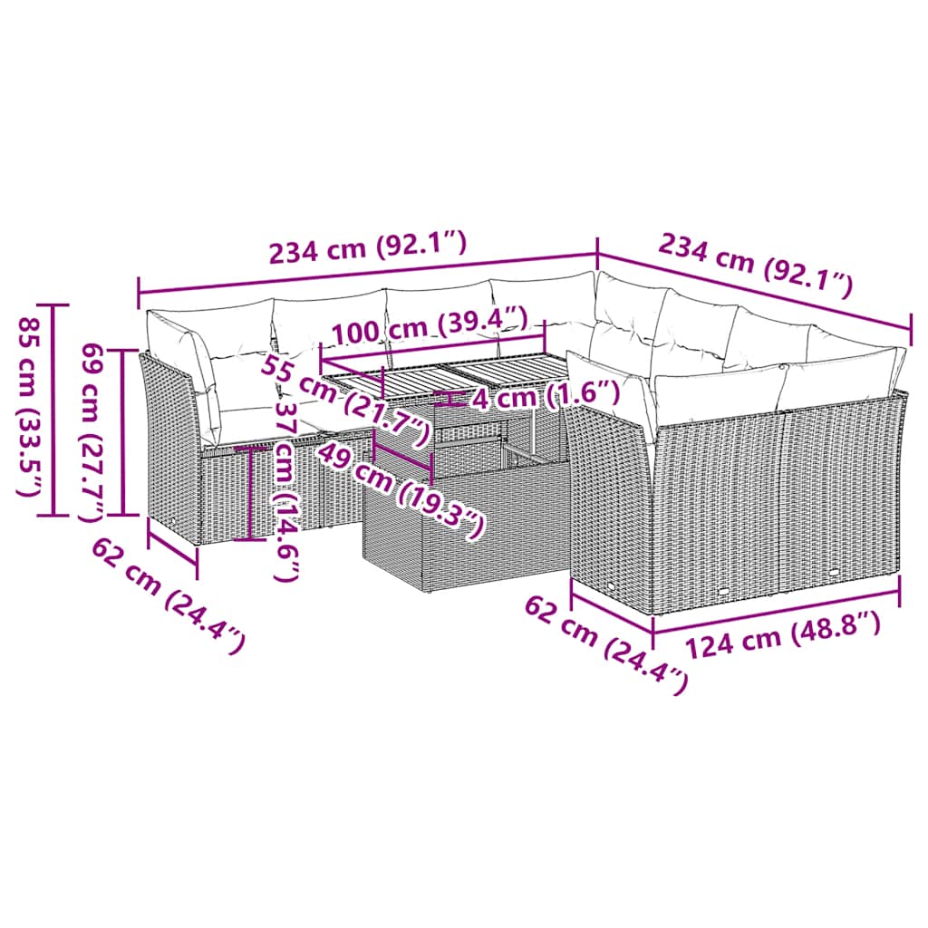 sofasæt til haven 9 dele med hynder polyrattan grå