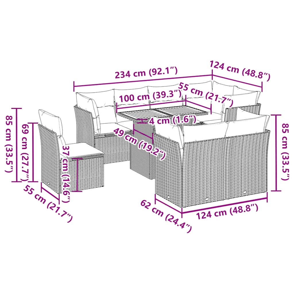 sofasæt til haven 9 dele med hynder polyrattan grå