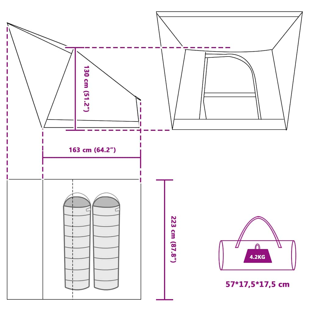 Camping telt med tag Grøn 223 x 163 x 130 cm taft