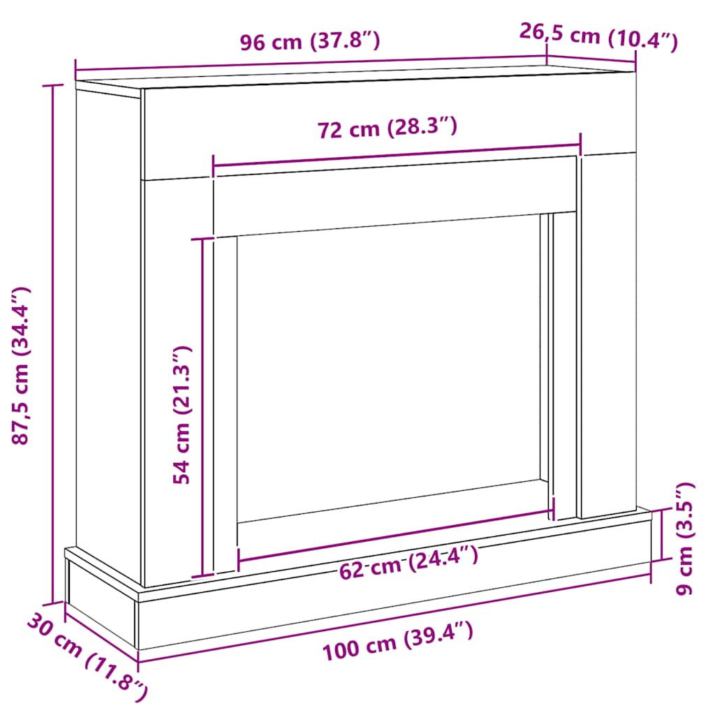 forsats til pejs 100x30x87,5 cm konstrueret træ sort-eg