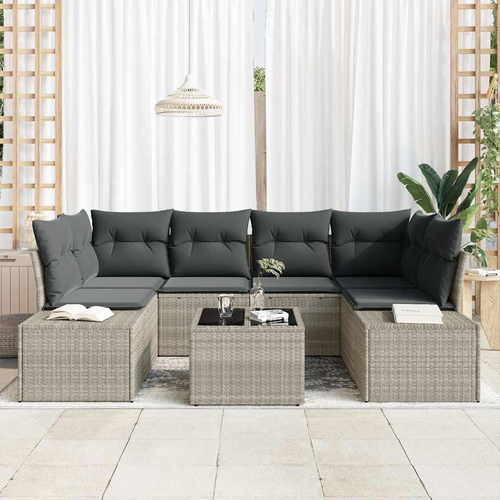Havesofa Sæt 7 pcs Lysegrå Poly rattan