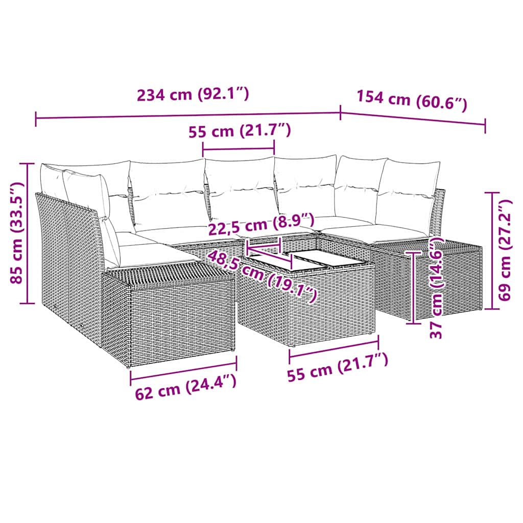 Havesofa Sæt 7 pcs Lysegrå Poly rattan