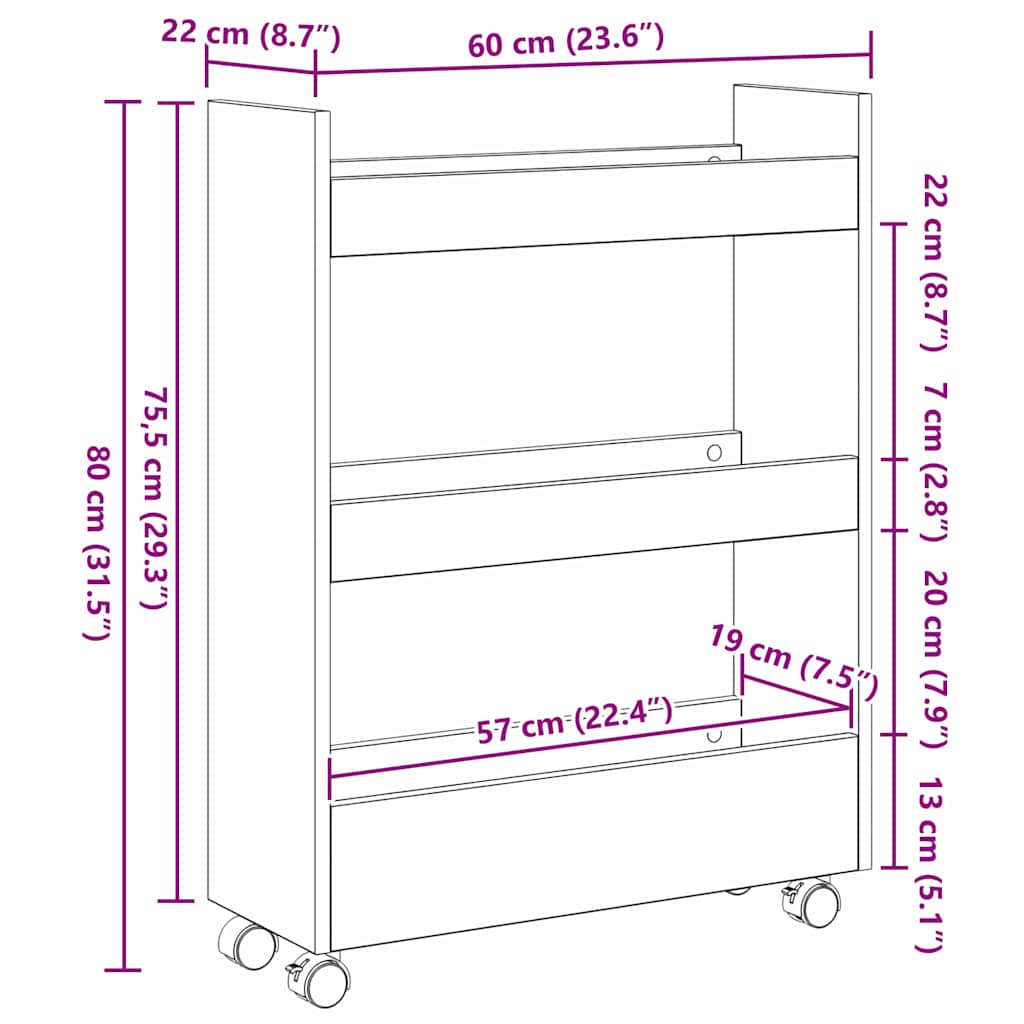 Narrow Storage Trolley Sort eg 60 x 22 x 80 cm Konstrueret træ