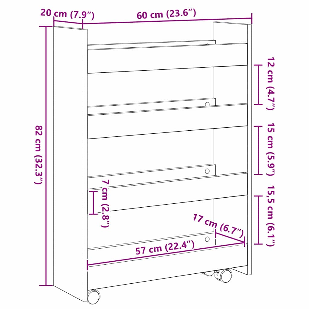 Narrow Storage Trolley Sort eg 60 x 20 x 82 cm Konstrueret træ