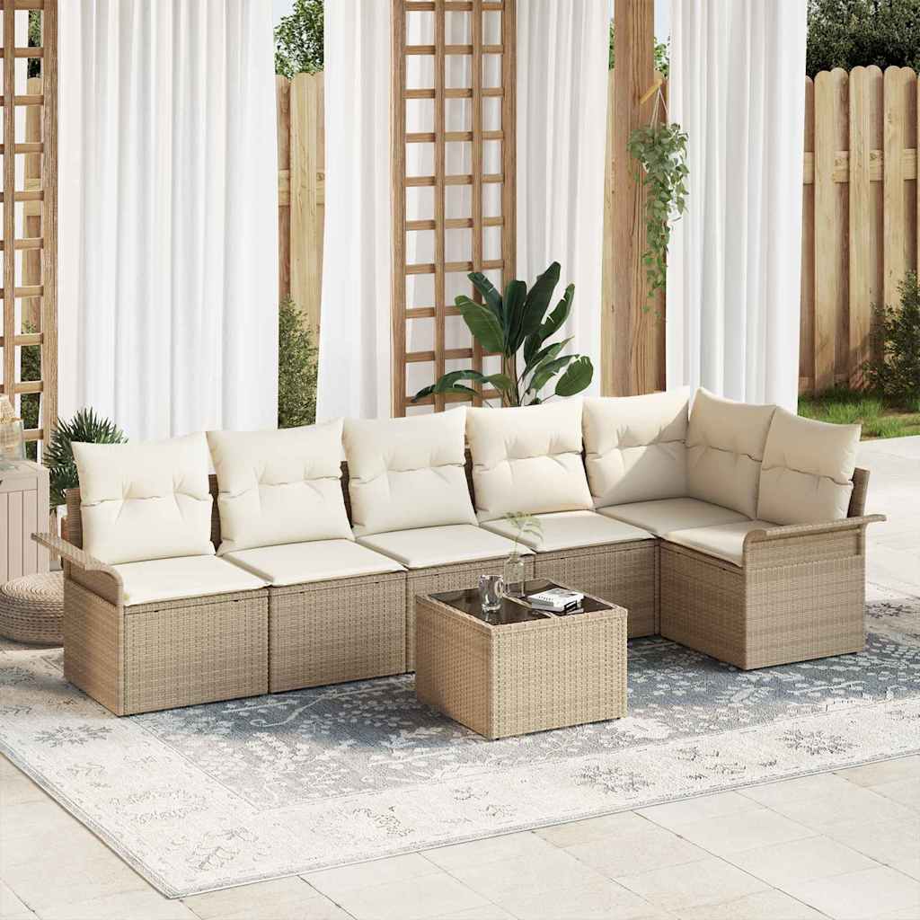 Havesofa Sæt med pude med opbevaring 7 pcs Beige Poly rattan