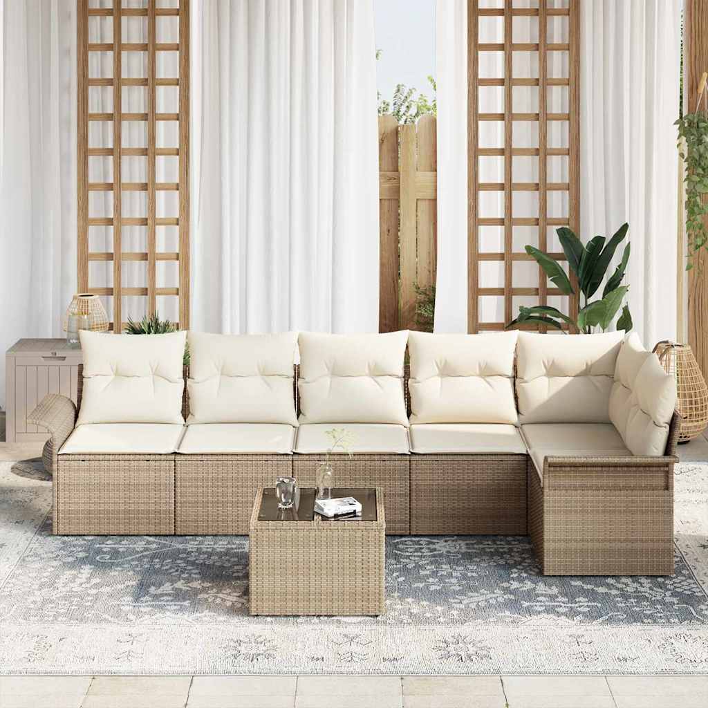 Havesofa Sæt med pude med opbevaring 7 pcs Beige Poly rattan
