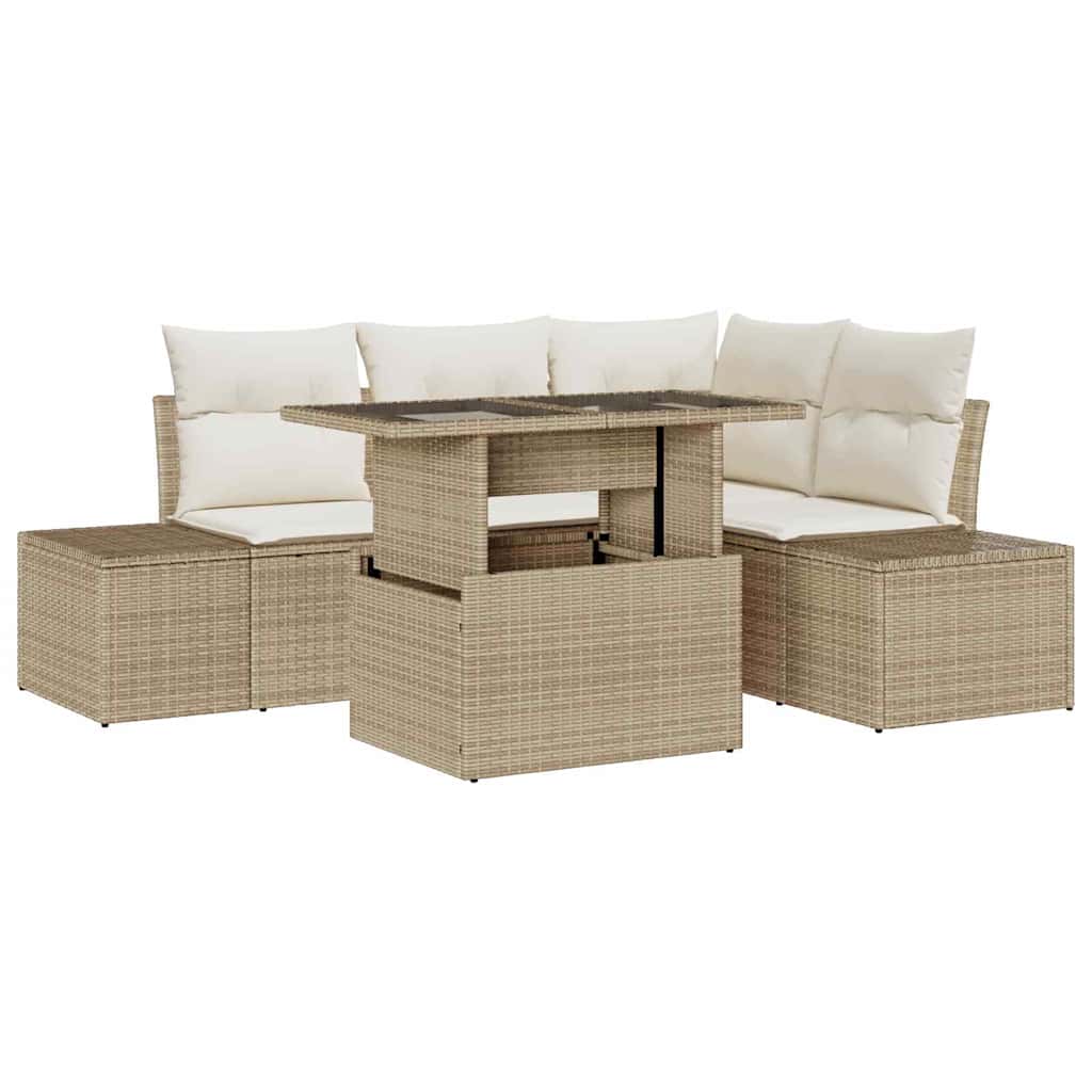Havesofa Sæt med opbevaring 5 pcs Beige Poly rattan
