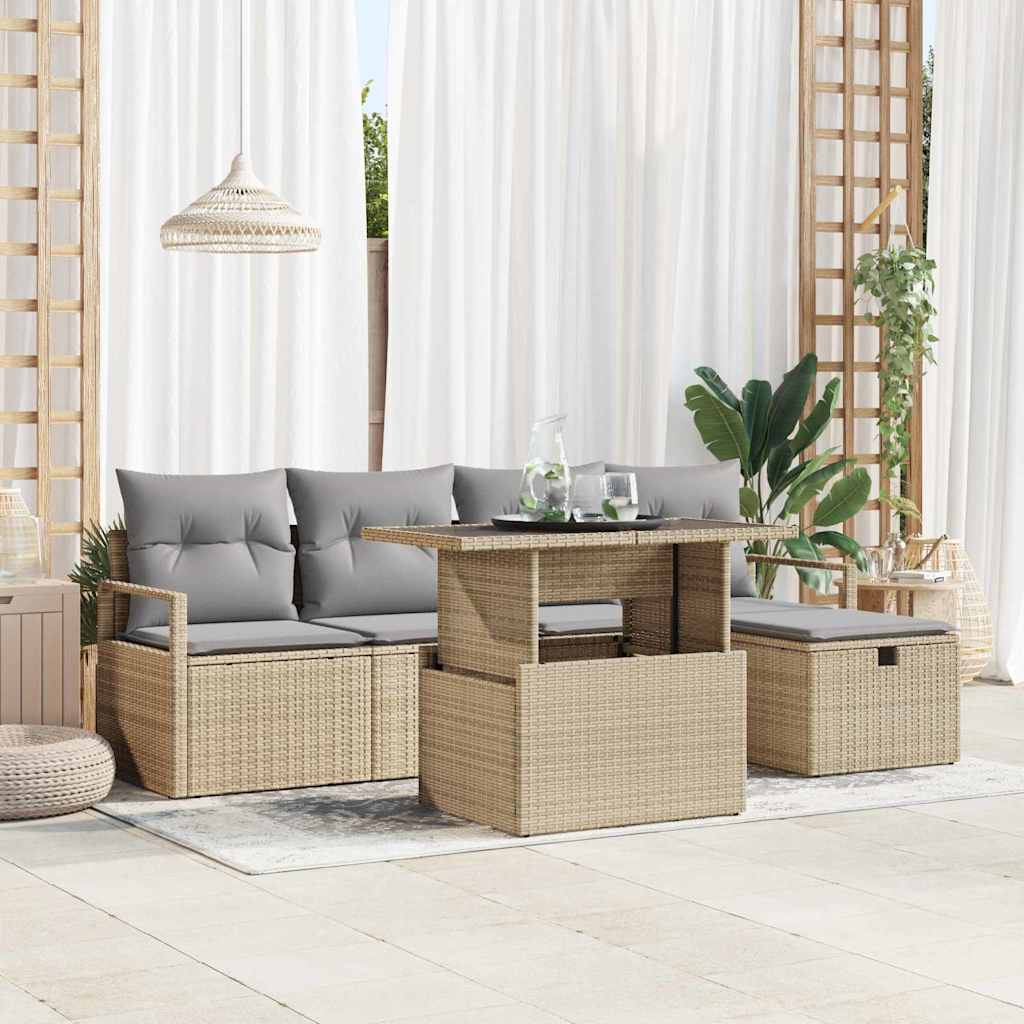 Havesofa Sæt med pude med opbevaring 6 pcs Beige Poly rattan