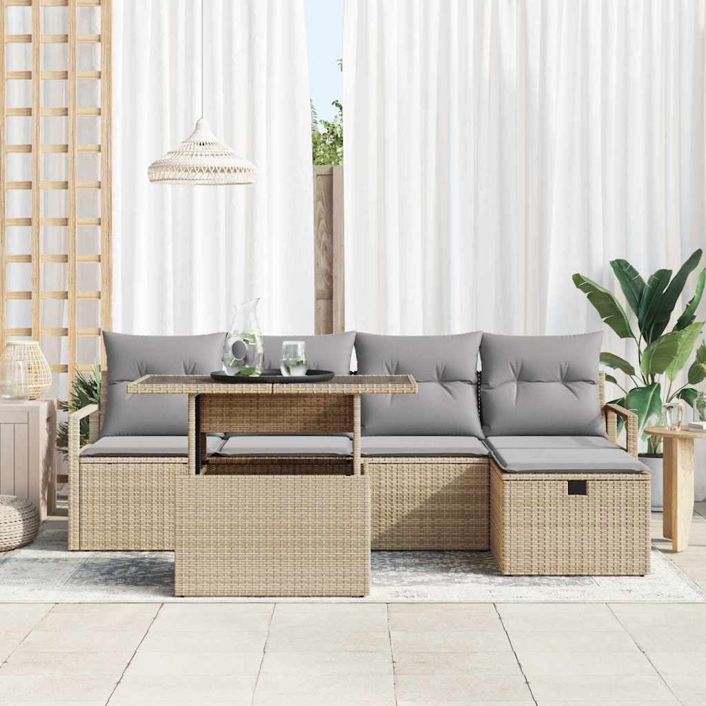 Havesofa Sæt med pude med opbevaring 6 pcs Beige Poly rattan