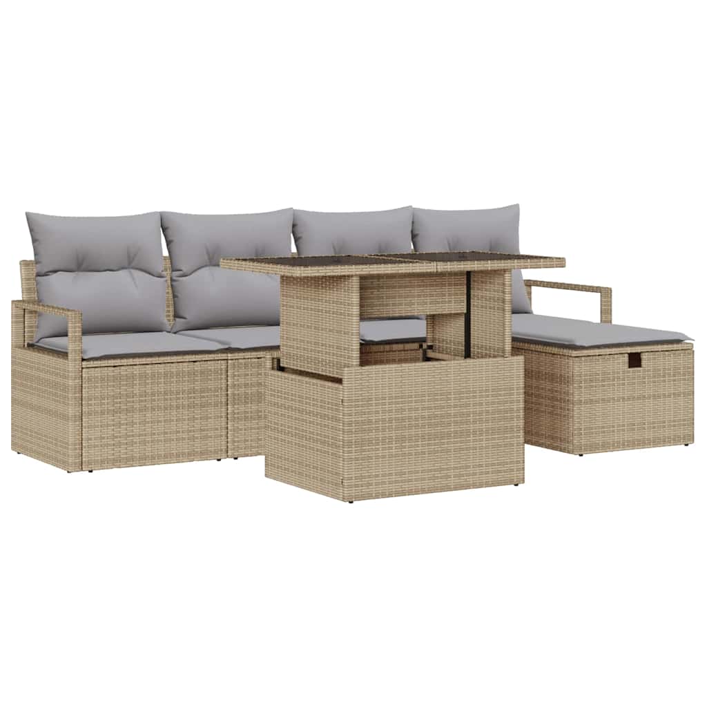 Havesofa Sæt med pude med opbevaring 6 pcs Beige Poly rattan