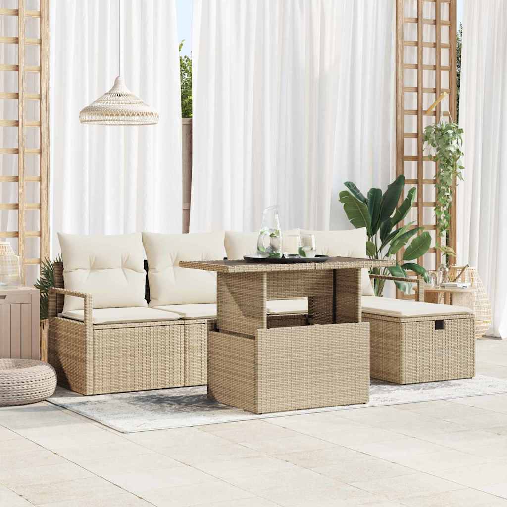 Havesofa Sæt med pude med opbevaring 6 pcs Beige Poly rattan