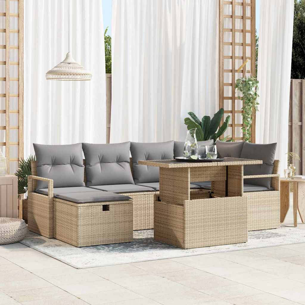 Havesofa Sæt med pude med opbevaring 7 pcs Beige Poly rattan