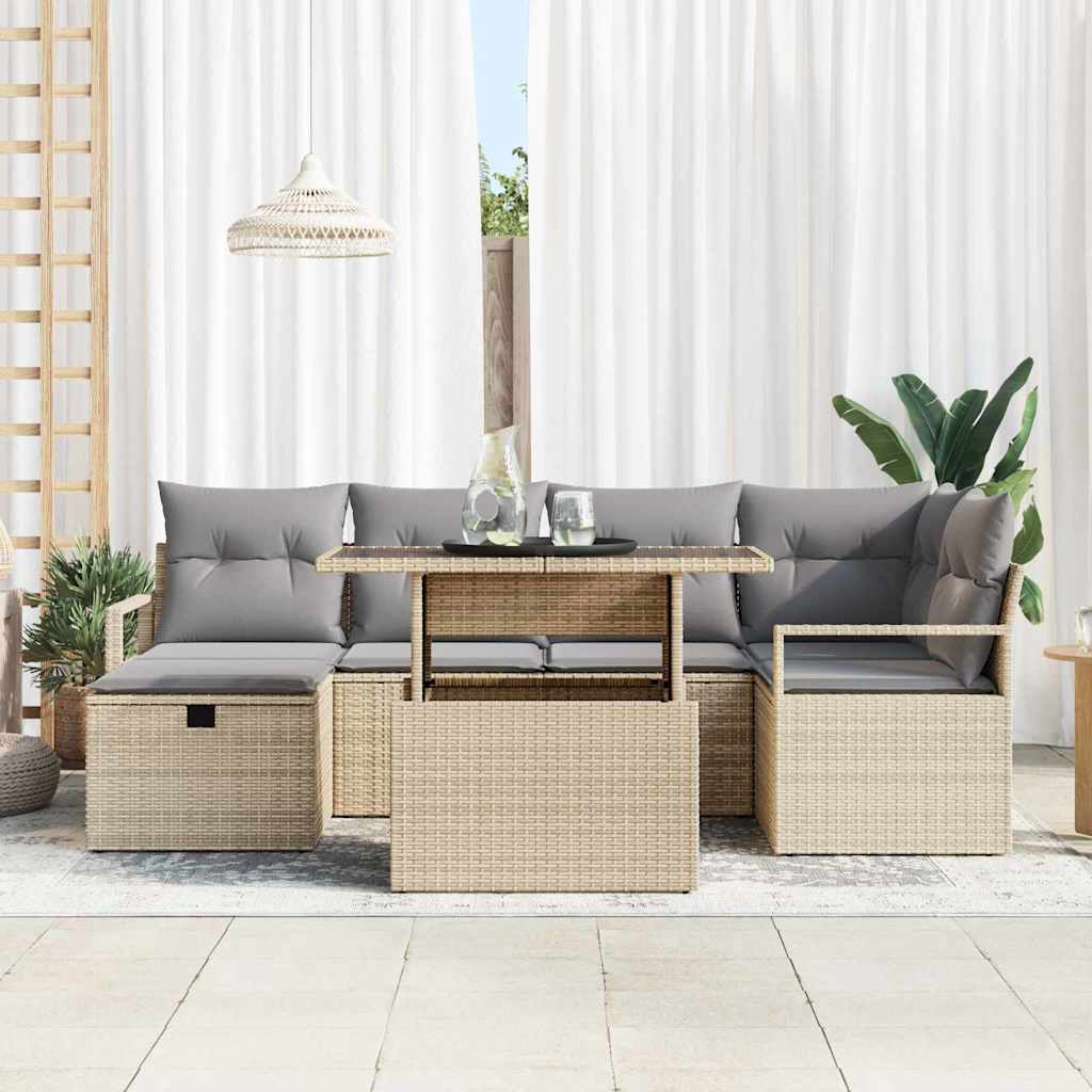 Havesofa Sæt med pude med opbevaring 7 pcs Beige Poly rattan
