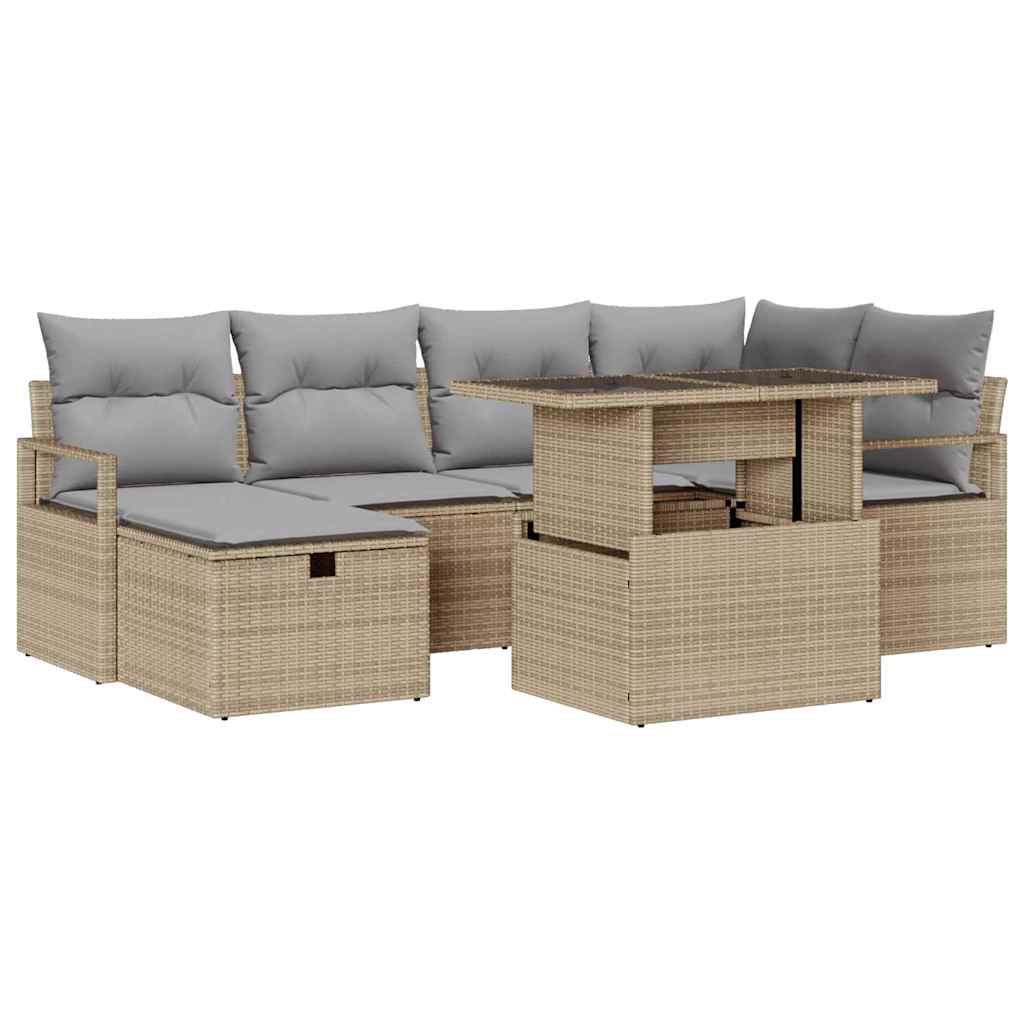 Havesofa Sæt med pude med opbevaring 7 pcs Beige Poly rattan