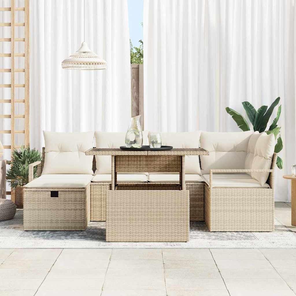 Havesofa Sæt med pude med opbevaring 7 pcs Beige Poly rattan