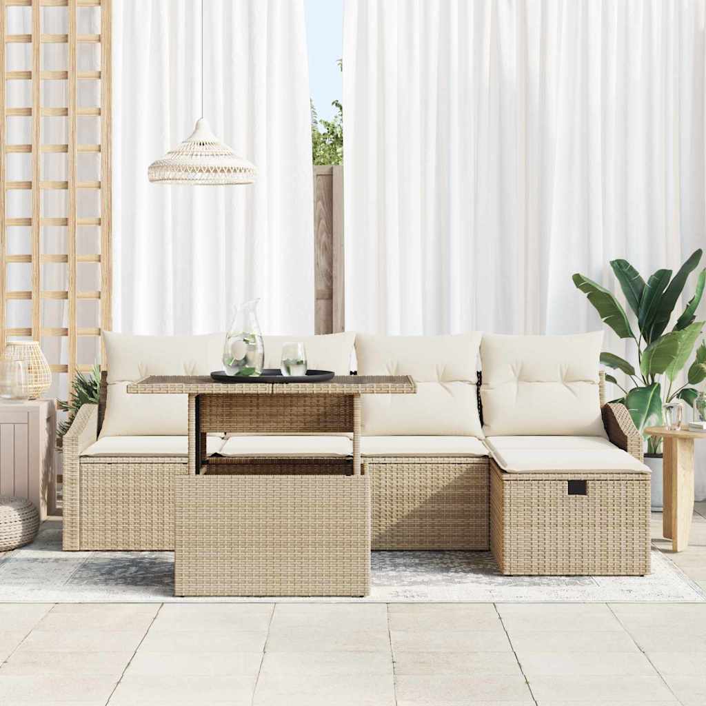 Havesofa Sæt med pude med opbevaring 6 pcs Beige Poly rattan