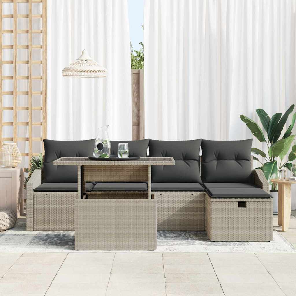 Havesofa Sæt med pude med opbevaring 6 pcs Lysegrå Poly rattan