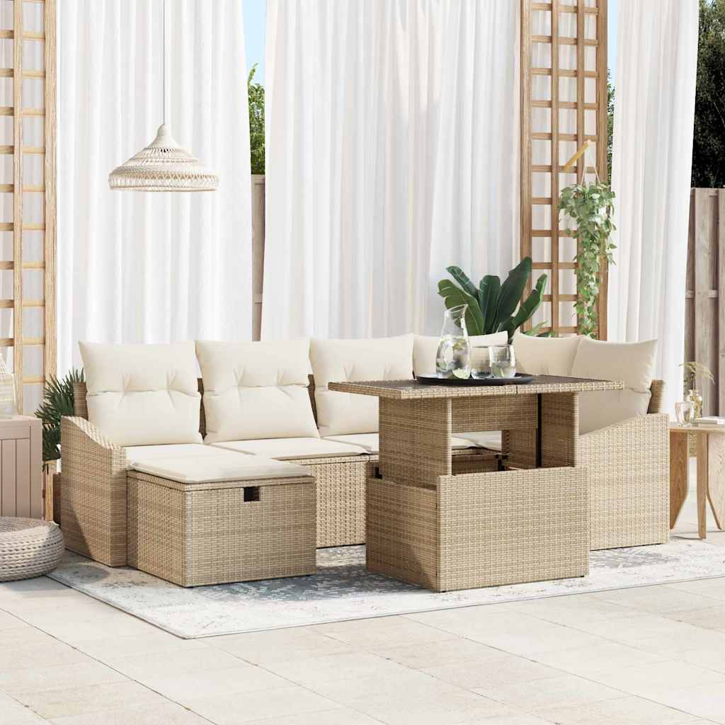 Havesofa Sæt med pude med opbevaring 7 pcs Beige Poly rattan