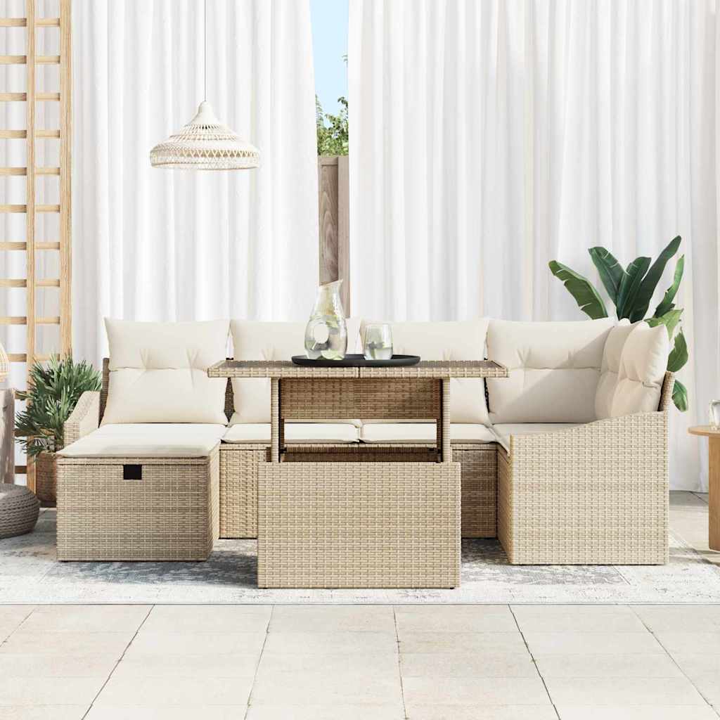 Havesofa Sæt med pude med opbevaring 7 pcs Beige Poly rattan