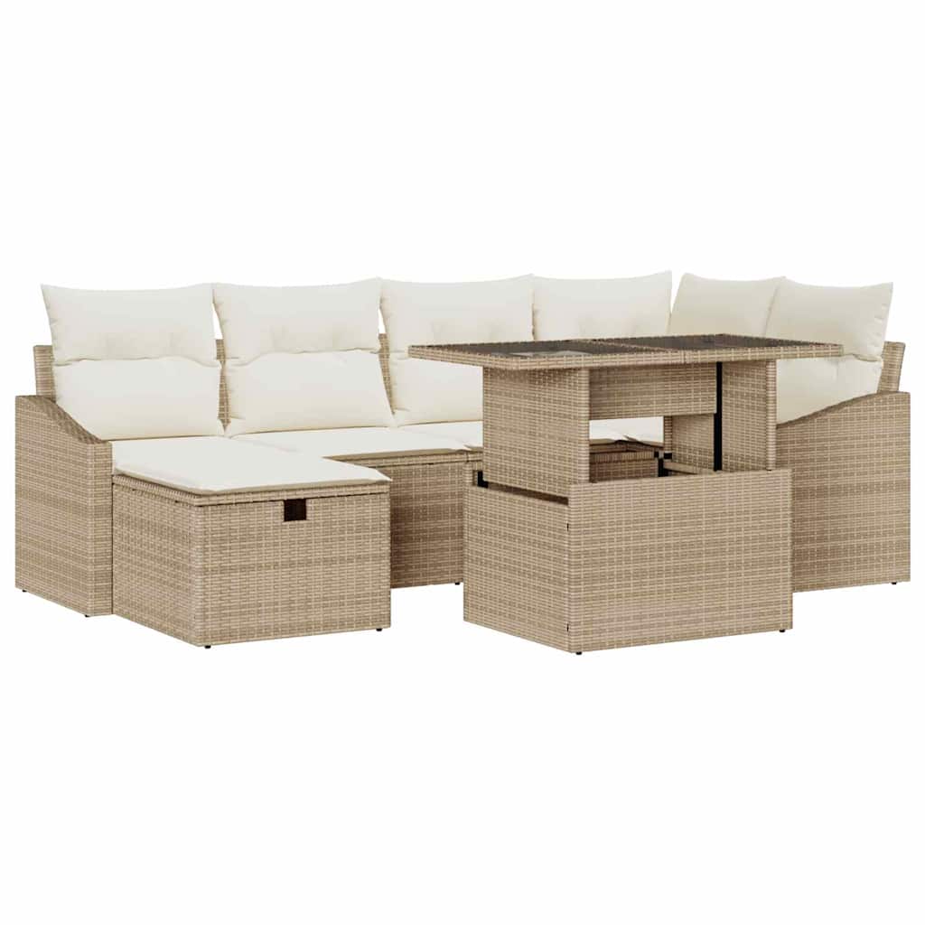Havesofa Sæt med pude med opbevaring 7 pcs Beige Poly rattan