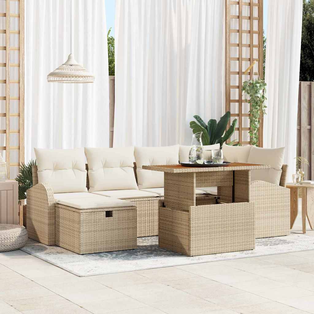 Havesofa Sæt med pude med opbevaring 7 pcs Beige Poly rattan