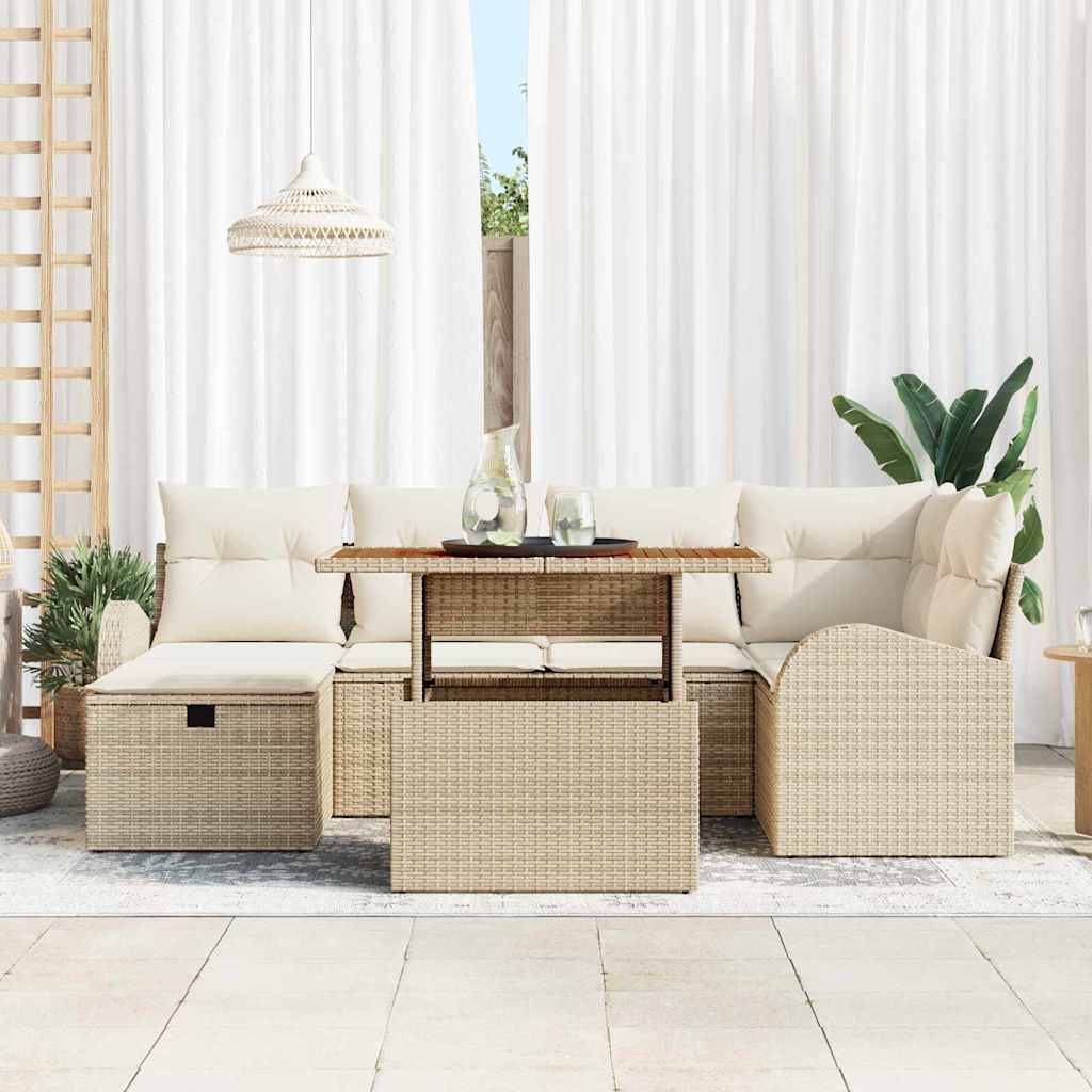 Havesofa Sæt med pude med opbevaring 7 pcs Beige Poly rattan