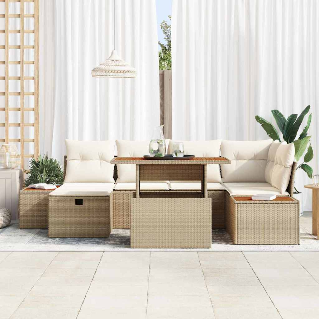 Havesofa Sæt med pude med opbevaring 7 pcs Beige Poly rattan