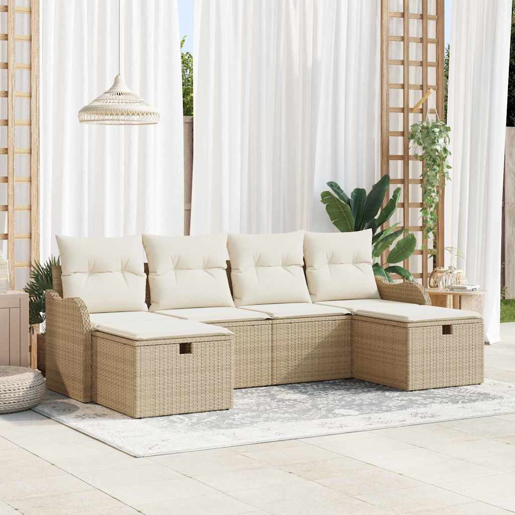 Havesofa Sæt med pude med opbevaring 6 pcs Beige Poly rattan