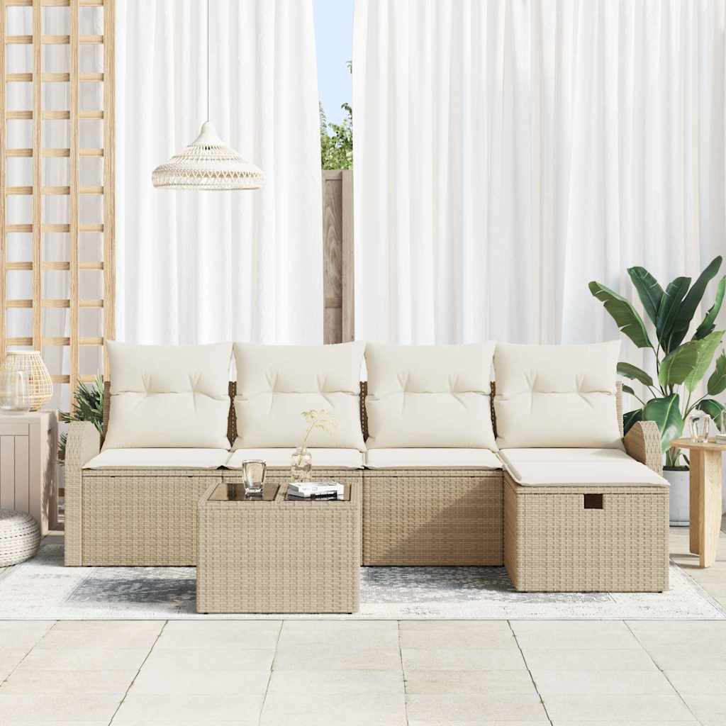 Havesofa Sæt med pude med opbevaring 6 pcs Beige Poly rattan