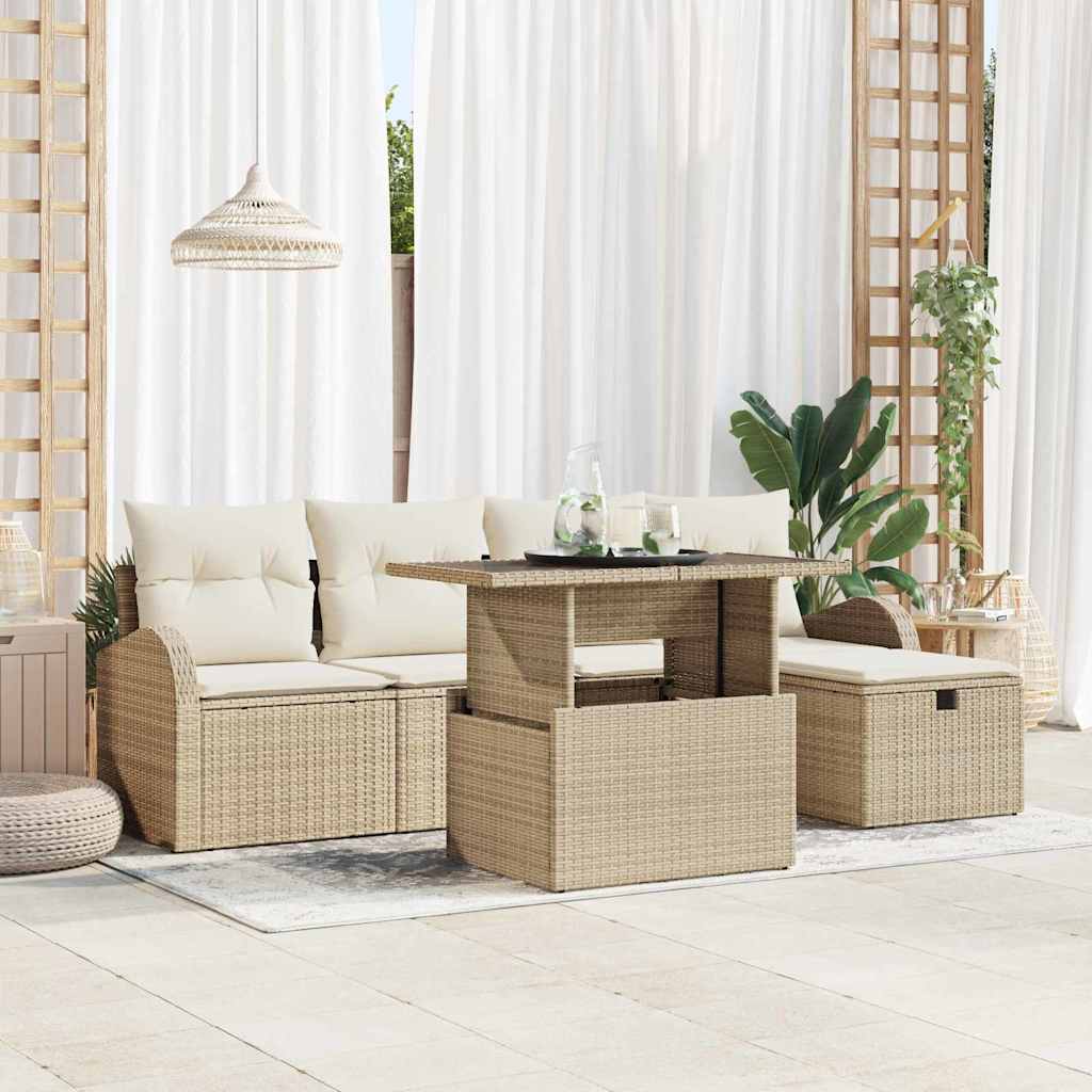 Havesofa Sæt med pude med opbevaring 6 pcs Beige Poly rattan