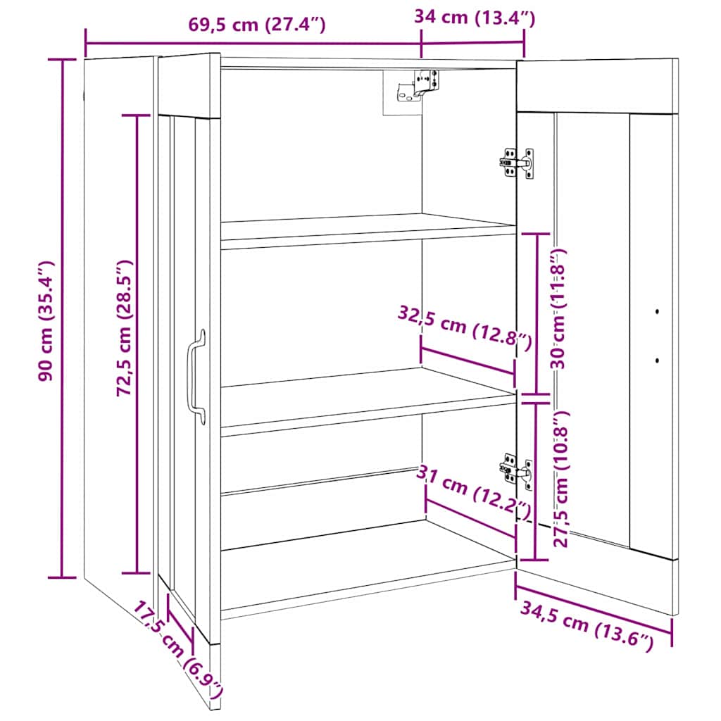 Hængende Vægs Cabinet Brun 69.5 x 34 x 90 cm Konstrueret træ