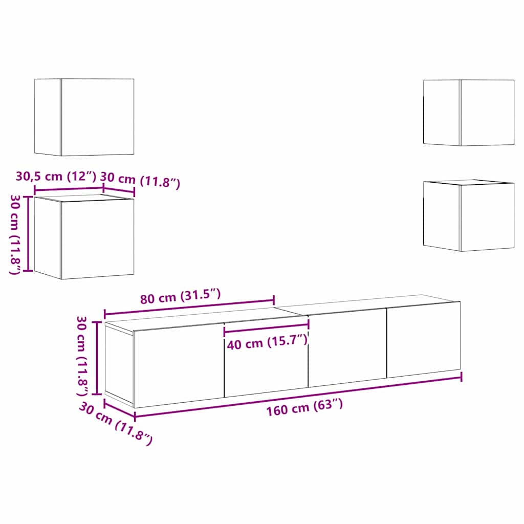 TV-skab 6 pcs Brun 160 x 30 x 30 cm Konstrueret træ