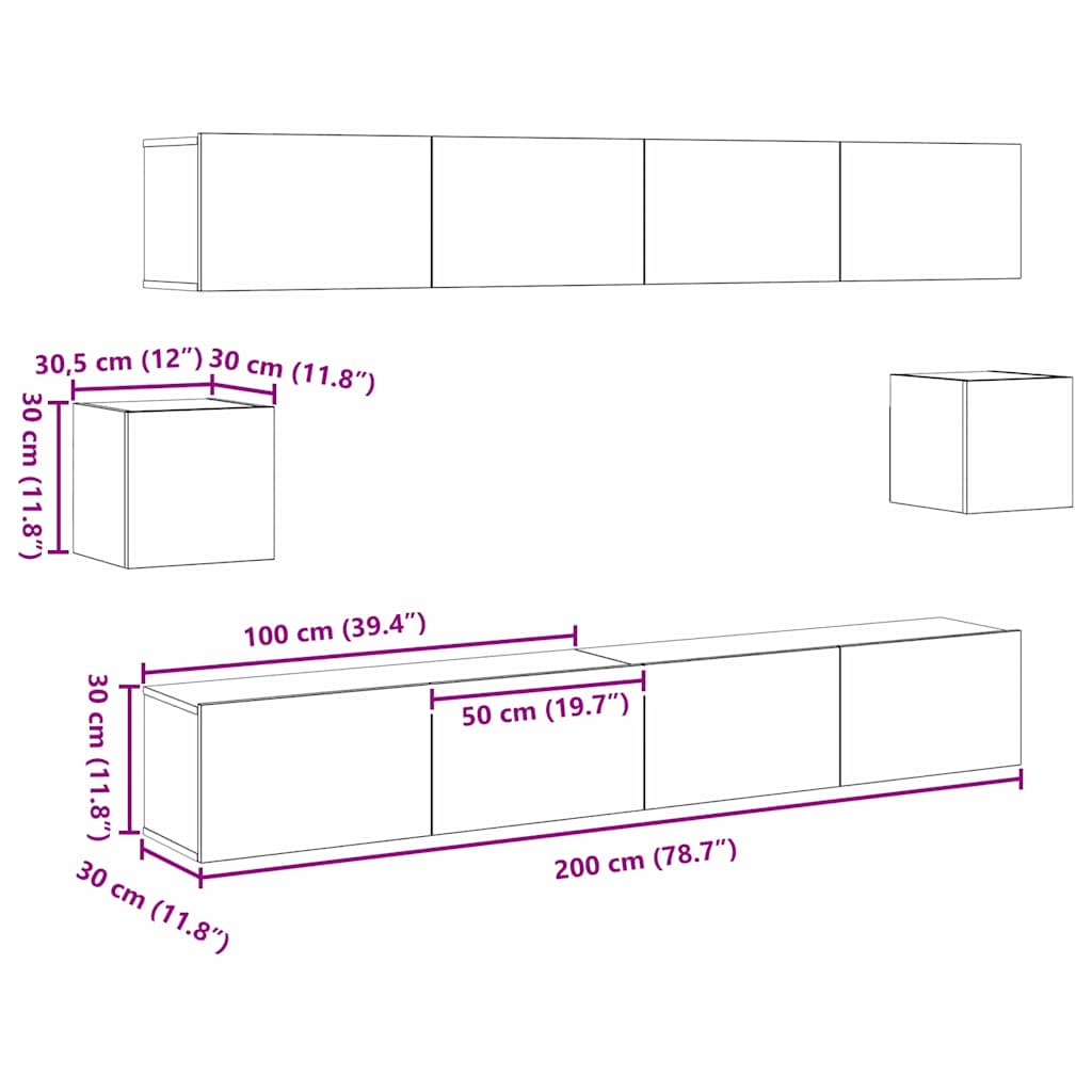 TV-møbelsæt Vægmonteret 6 pcs Gammelt træ 100 x 30 x 30 cm træ