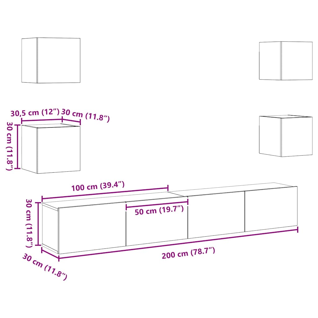 TV-skab 6 pcs Brun 200 x 30 x 30 cm Konstrueret træ