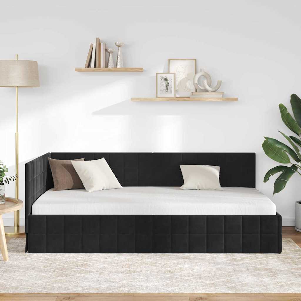 Hjørnesengramme med hovedgærde Sort 100 x 200 cm Fløjl