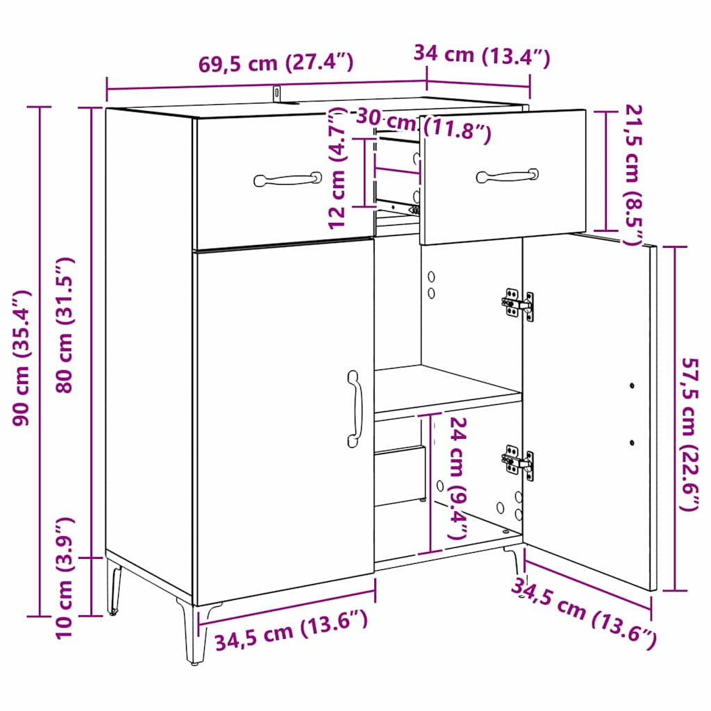Sideboard Gammelt træ 34 x 69.5 x 90 cm Konstrueret træ