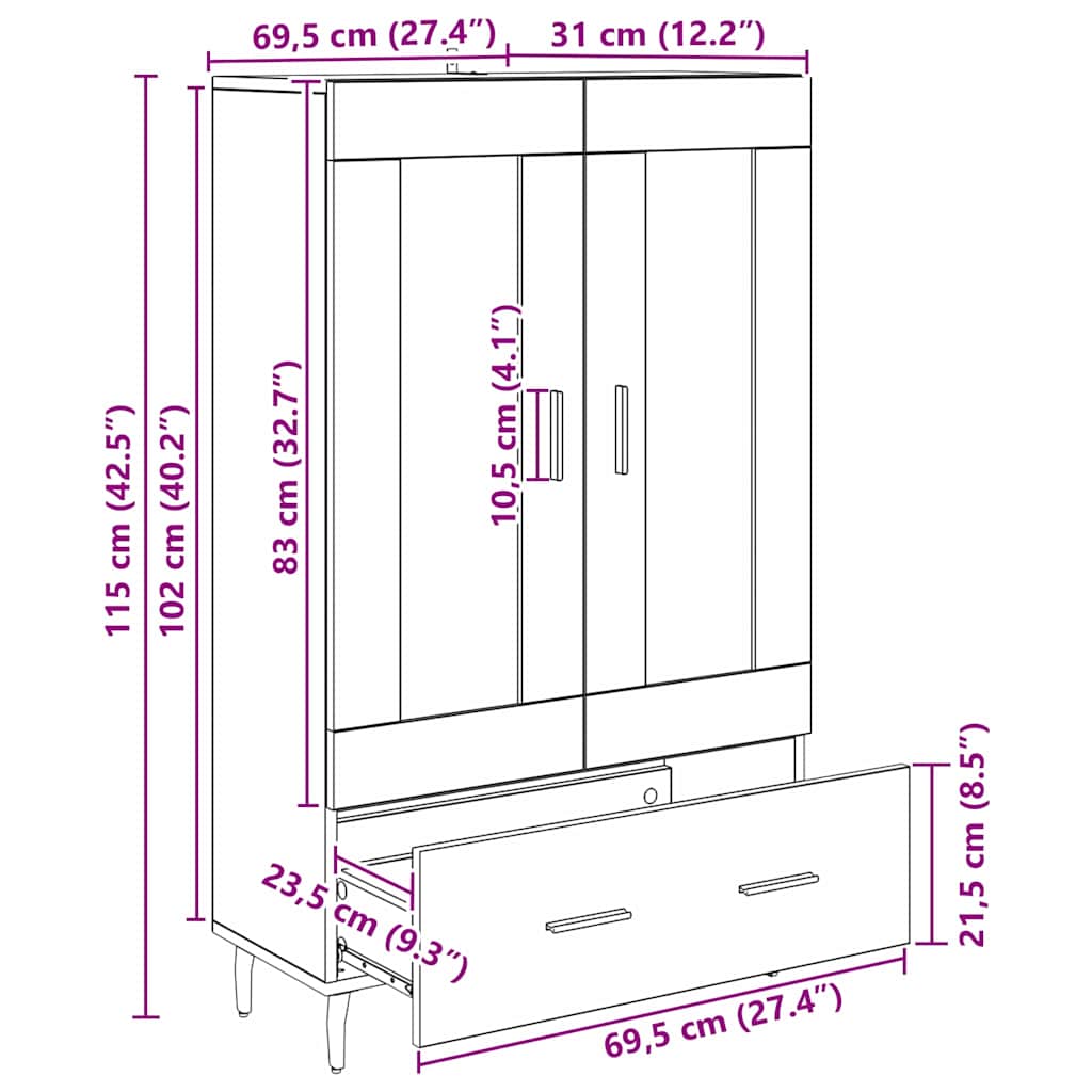 Highboard Artisan Egetræ 69,5 x 31 x 115 cm Konstrueret træ