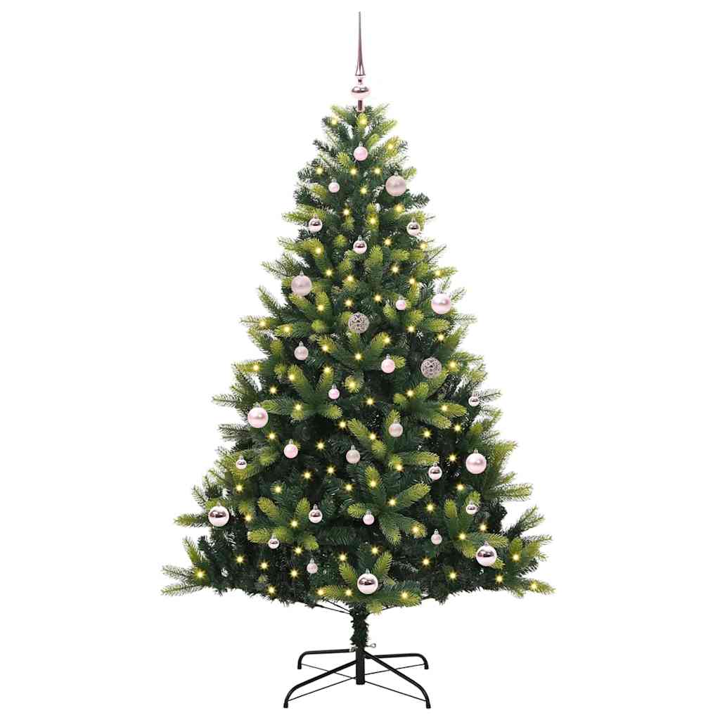 Kunstig hængslet juletræ med 150 LED-lys Grøn 150 cm PVC og PE